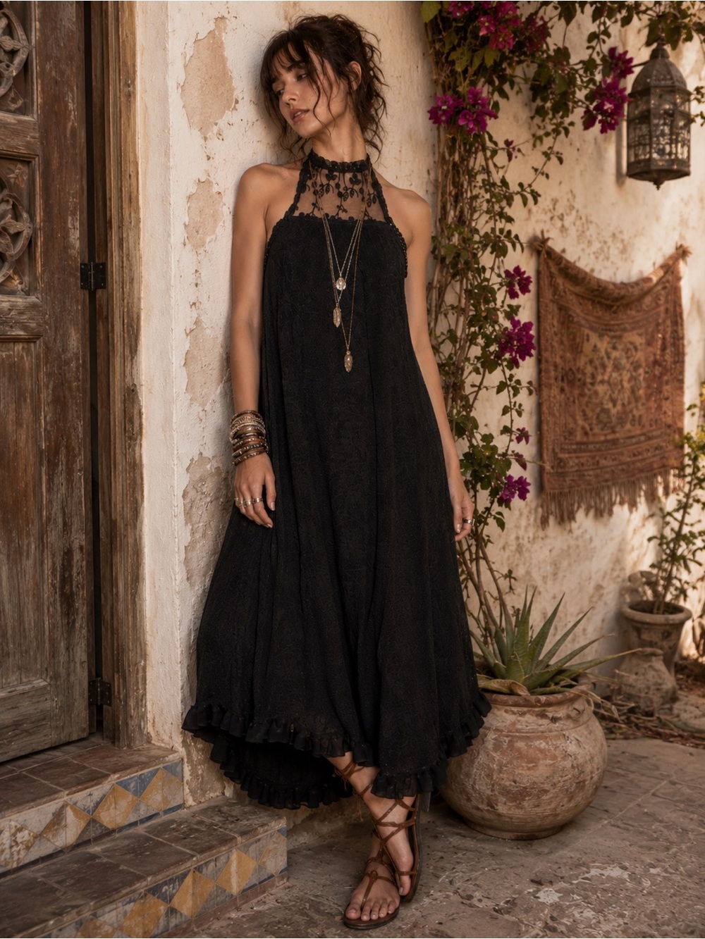 NWT Zara Black Crochet Knit Halter Midi Dress Size M Gothic Whimsigoth Boho
